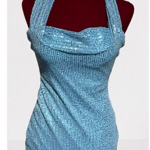 Sequin Halter Top Mini Dress- Blue